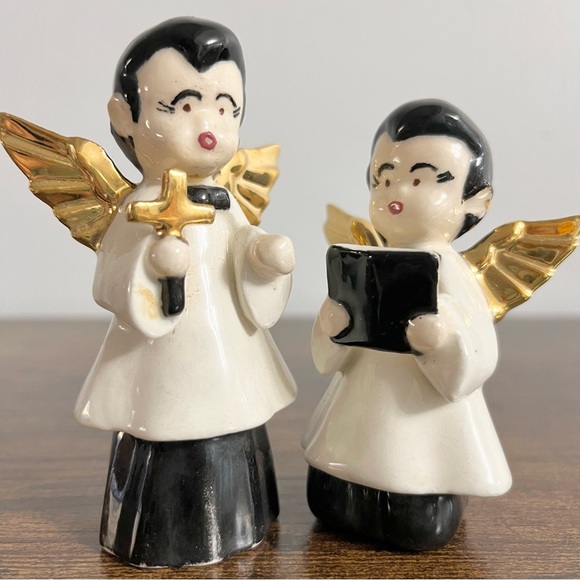 Vintage Ceramic Set of Choir Angels Singing Black White Gold Trim Read Note - Picture 7 of 7